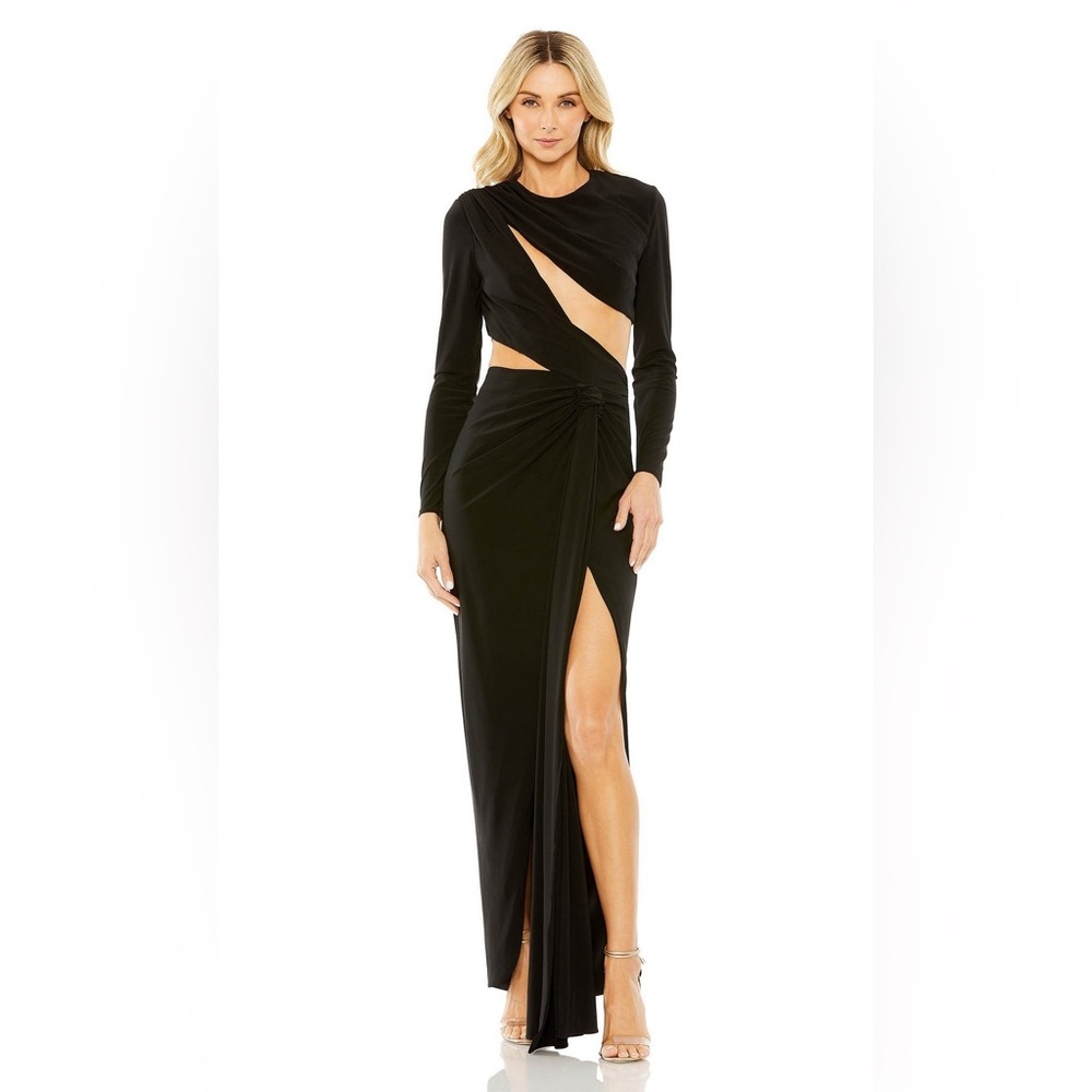 Mac Duggal NWT Black Long Sleeve‎ Cutout Detail High Slit Jersey Gown Size 0